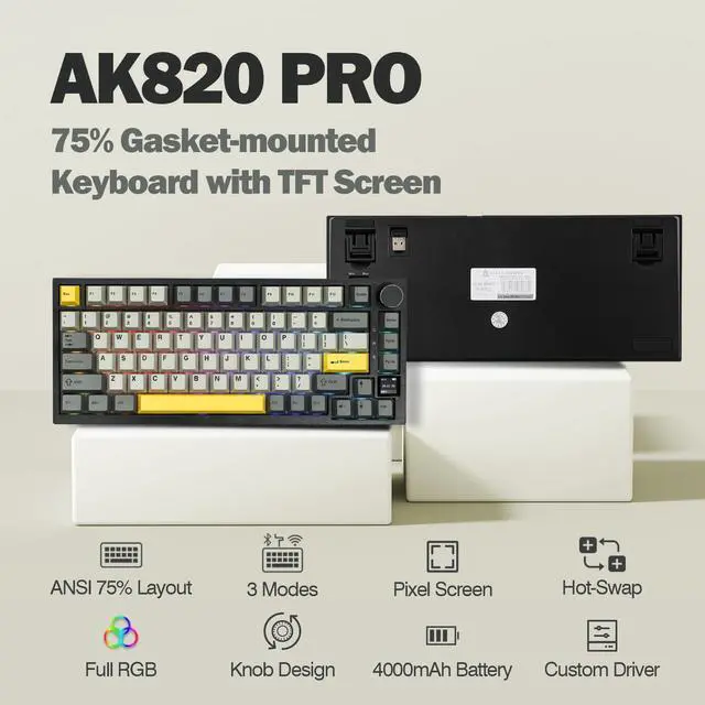 Alt view image 2 of 5 - EPOMAKER Ajazz AK820 Pro 75% Mechanical Gaming Keyboard, Gasket-Mounted with TFT Smart Display & Knob + Mix 1.8m Coiled USB Cable