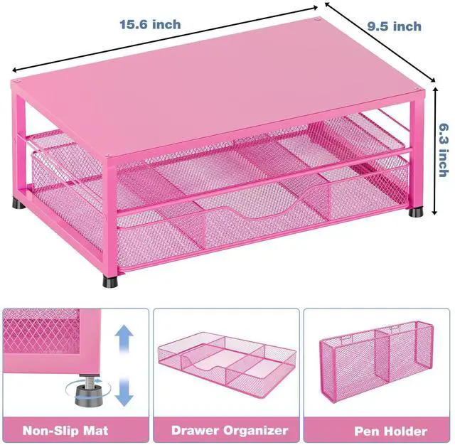 Alt view image 2 of 5 - OPNICE Desk Organizer and Accessories, 2-Tier Computer Monitor Stand with Drawer and 2 Pen Holders, Office Desk Accessories for Office Supplies, Carmine Rose