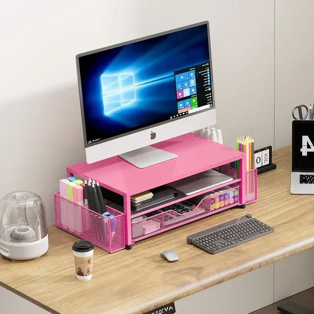 Alt view image 3 of 5 - OPNICE Desk Organizer and Accessories, 2-Tier Computer Monitor Stand with Drawer and 2 Pen Holders, Office Desk Accessories for Office Supplies, Carmine Rose