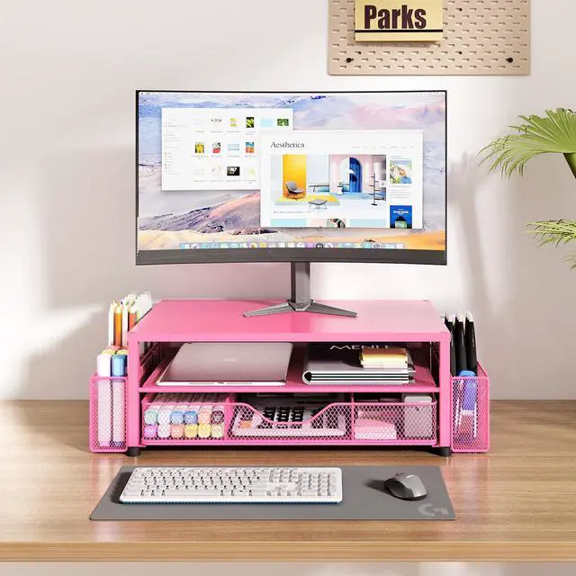 Alt view image 4 of 5 - OPNICE Desk Organizer and Accessories, 2-Tier Computer Monitor Stand with Drawer and 2 Pen Holders, Office Desk Accessories for Office Supplies, Carmine Rose