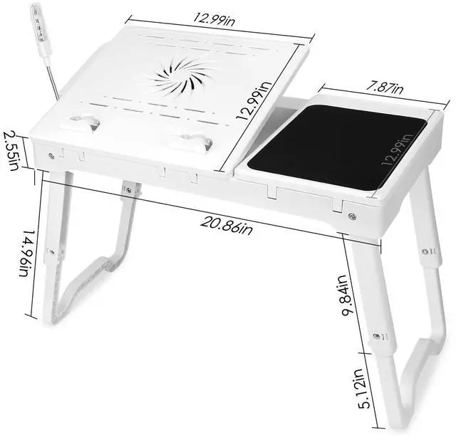 Alt view image 2 of 5 - Laptop Desk for Bed,Adjustable Laptop Stand Foldable Bed Table Portable Lap Desk Folding Notebook Stand Reading and Writing Tray with 4 USB Port and Cooling Fan for Bed Couch Sofa Floor (White)