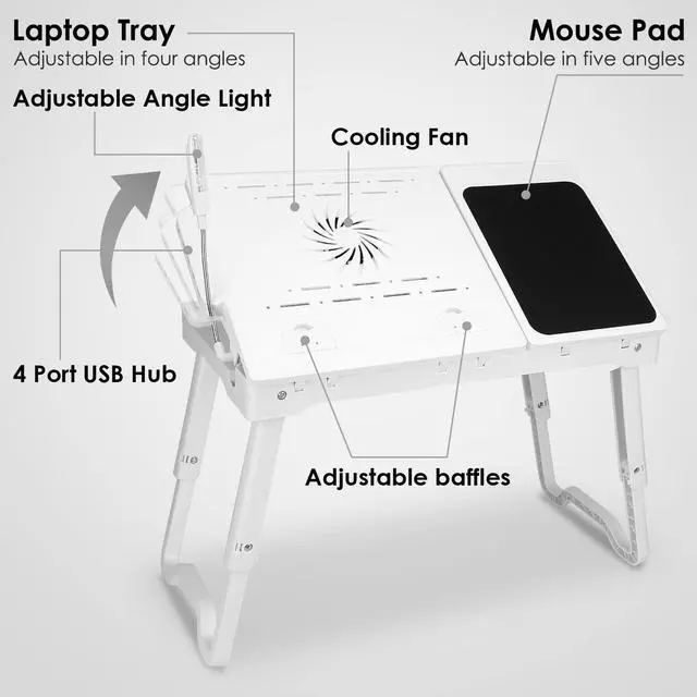 Alt view image 4 of 5 - Laptop Desk for Bed,Adjustable Laptop Stand Foldable Bed Table Portable Lap Desk Folding Notebook Stand Reading and Writing Tray with 4 USB Port and Cooling Fan for Bed Couch Sofa Floor (White)