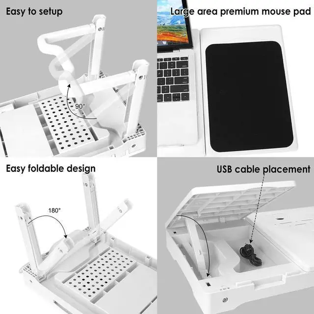 Alt view image 3 of 5 - Laptop Desk for Bed,Adjustable Laptop Stand Foldable Bed Table Portable Lap Desk Folding Notebook Stand Reading and Writing Tray with 4 USB Port and Cooling Fan for Bed Couch Sofa Floor (White)