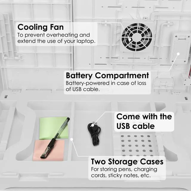 Alt view image 5 of 5 - Laptop Desk for Bed,Adjustable Laptop Stand Foldable Bed Table Portable Lap Desk Folding Notebook Stand Reading and Writing Tray with 4 USB Port and Cooling Fan for Bed Couch Sofa Floor (White)