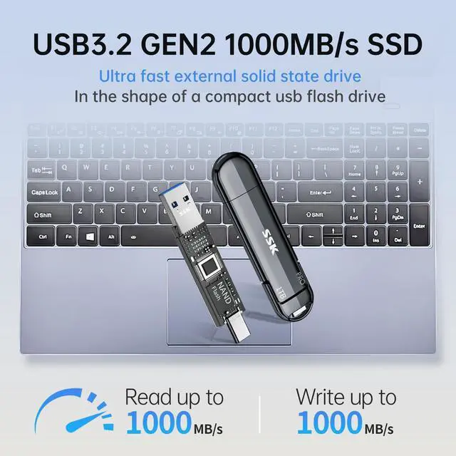 Alt view image 2 of 5 - SSK USB Solid State Flash Drive 1TB, External SSD Up to 1000MB/s, Dual Port USB 3.2 Type-C/A, Portable SSD in Zinc Alloy Thumb Drive Stick for iPhone 15/16 Pro, Mac, PC, Android OTG Storage