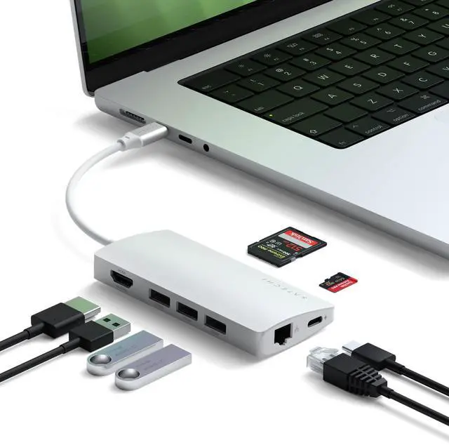 Main image of Satechi 8 in 1 USB C Hub Multiport Adapter V2, 4K HDMI, 115W USB C PD Charging, 3 USB-A, Ethernet, Micro/SD Card Readers, for Laptop, MacBook Pro/Air M4/M3/M2/M1, iPad, iPhone 16, Windows - Silver