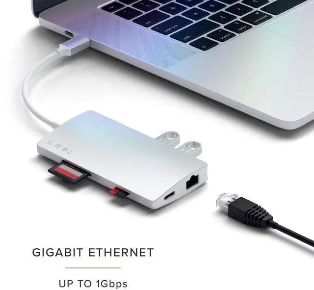 Alt view image 3 of 5 - Satechi 8 in 1 USB C Hub Multiport Adapter V2, 4K HDMI, 115W USB C PD Charging, 3 USB-A, Ethernet, Micro/SD Card Readers, for Laptop, MacBook Pro/Air M4/M3/M2/M1, iPad, iPhone 16, Windows - Silver