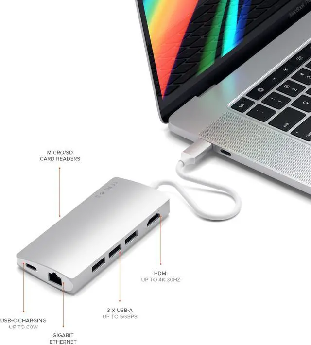 Alt view image 5 of 5 - Satechi 8 in 1 USB C Hub Multiport Adapter V2, 4K HDMI, 115W USB C PD Charging, 3 USB-A, Ethernet, Micro/SD Card Readers, for Laptop, MacBook Pro/Air M4/M3/M2/M1, iPad, iPhone 16, Windows - Silver