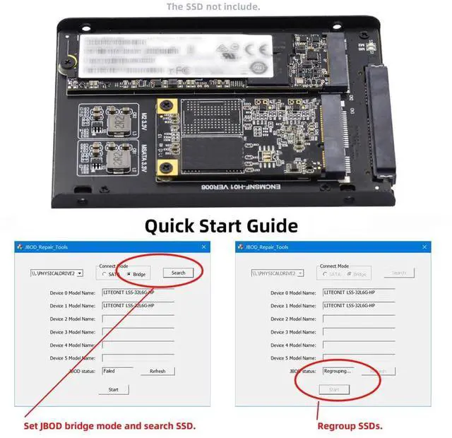 Alt view image 4 of 5 - Cablecc B+M SSD Card Dual MSATA NGFF JBOD Raid0 Span Bridge to SATA Combo 2.5inch HDD Disk Drive Enclosure