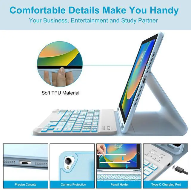 Alt view image 5 of 5 - iPad 9th 2021/8th/7th Generation Keyboard Case, BORIYUAN 7 Colors Backlit Detachable Keyboard Slim Folio Smart Cover for iPad 10.2"/iPad Air 10.5"(3rd Gen)/iPad Pro 10.5" with Pencil Holder  Sky Blue