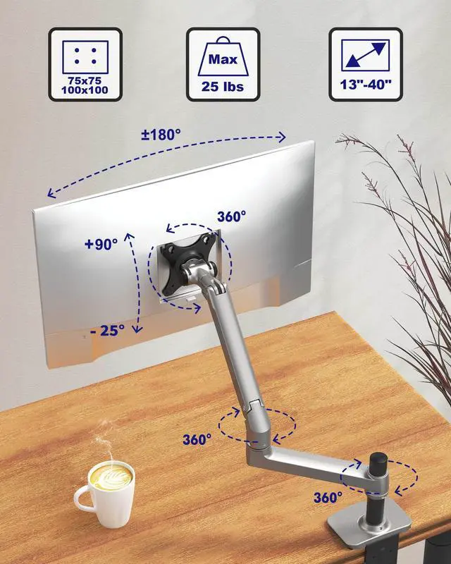 Alt view image 3 of 5 - Ergounion Single Monitor Arm Desk Mount, Holds Screens up to 40 Inches and 25 lbs, Fully Adjustable Vesa Monitor Mount with C-Clamp and Grommet Base, Aluminum, Silver