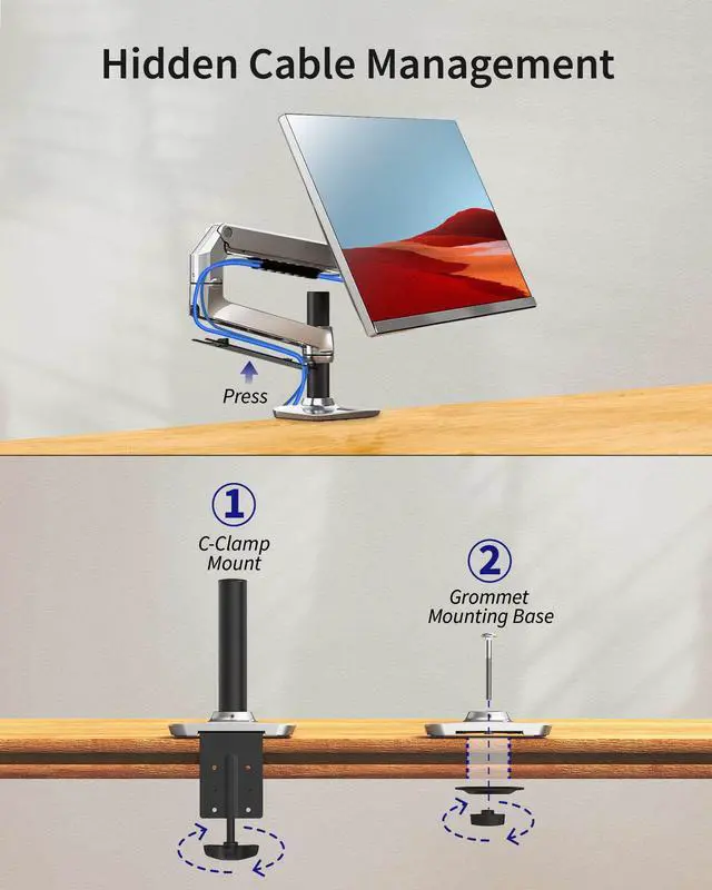 Alt view image 4 of 5 - Ergounion Single Monitor Arm Desk Mount, Holds Screens up to 40 Inches and 25 lbs, Fully Adjustable Vesa Monitor Mount with C-Clamp and Grommet Base, Aluminum, Silver