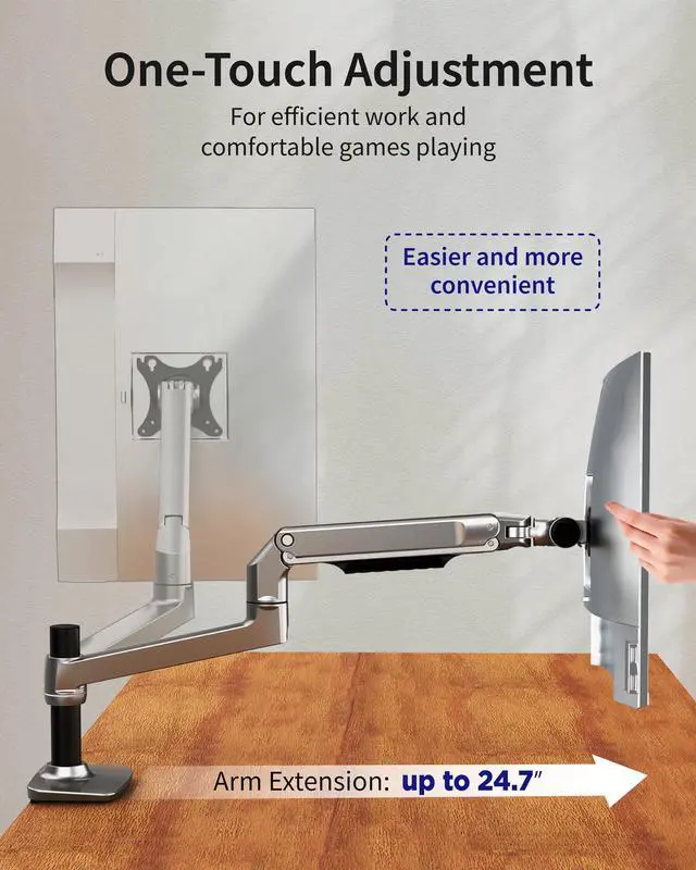 Alt view image 5 of 5 - Ergounion Single Monitor Arm Desk Mount, Holds Screens up to 40 Inches and 25 lbs, Fully Adjustable Vesa Monitor Mount with C-Clamp and Grommet Base, Aluminum, Silver