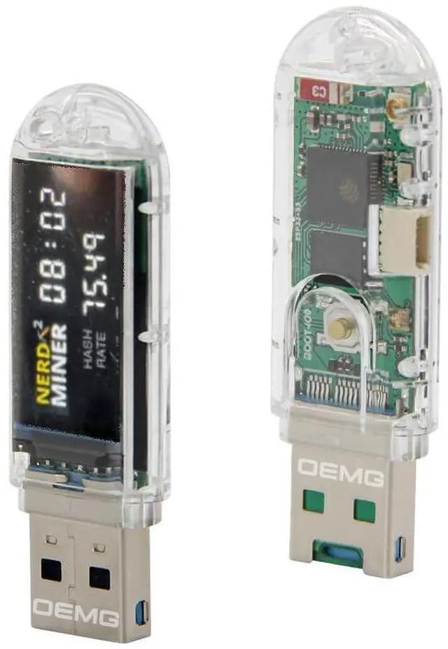 Main image of New NerdMiner V2 Dongle USB 70-75KH 1W T-Display S3 Bitcoin Solo Lottery Miner Win 6.25 BTC with Low Power Consumption - WiFi Connection, and USB-A Power (USB-73KH/s)