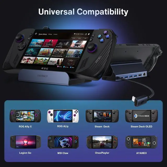 Alt view image 4 of 5 - iVANKY Legion Go/ROG Ally/Steam Deck Dock with 100W PD Charger, 8-in-1 Hub Docking Station with HDMI 4K@144Hz Gigabit Ethernet, USB-A 3.0, 100W Charging USB-C Port for Valve Stream Deck