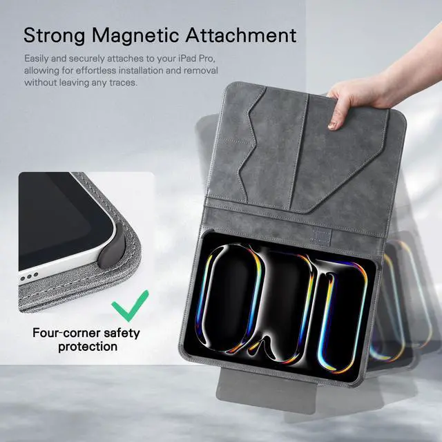 Alt view image 5 of 5 - CoBak Premium Leather Case for iPad Pro 11-inch (M4) 2024 (5th Generation), Built-in Folder Storage, Super Magnetic Back, Auto Sleep/Wake Function, Cowhide Gray