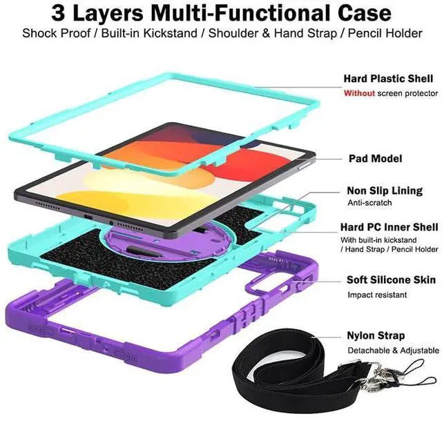 Alt view image 2 of 5 - YOUULAR Tablet Case for Xiaomi Redmi Pad SE 11.0 inches, Tablet Shockproof Cover with 360° Rotating Stand and Wrist Strap, Shoulder Strap Purple+Mint Green
