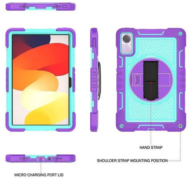Alt view image 3 of 5 - YOUULAR Tablet Case for Xiaomi Redmi Pad SE 11.0 inches, Tablet Shockproof Cover with 360° Rotating Stand and Wrist Strap, Shoulder Strap Purple+Mint Green