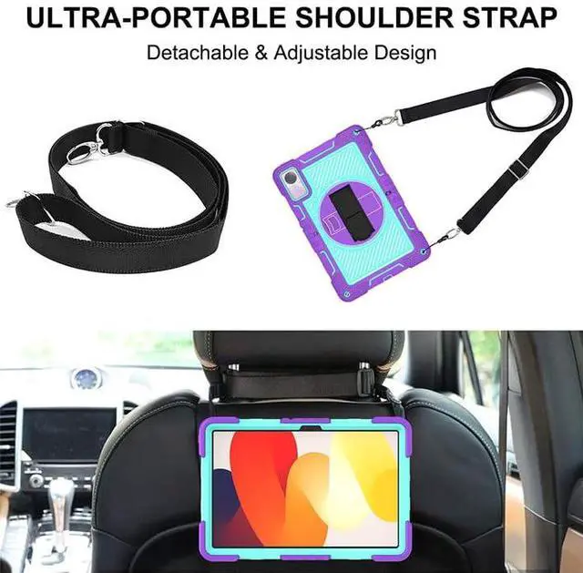 Alt view image 5 of 5 - YOUULAR Tablet Case for Xiaomi Redmi Pad SE 11.0 inches, Tablet Shockproof Cover with 360° Rotating Stand and Wrist Strap, Shoulder Strap Purple+Mint Green