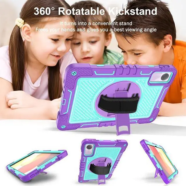 Alt view image 4 of 5 - YOUULAR Tablet Case for Xiaomi Redmi Pad SE 11.0 inches, Tablet Shockproof Cover with 360° Rotating Stand and Wrist Strap, Shoulder Strap Purple+Mint Green
