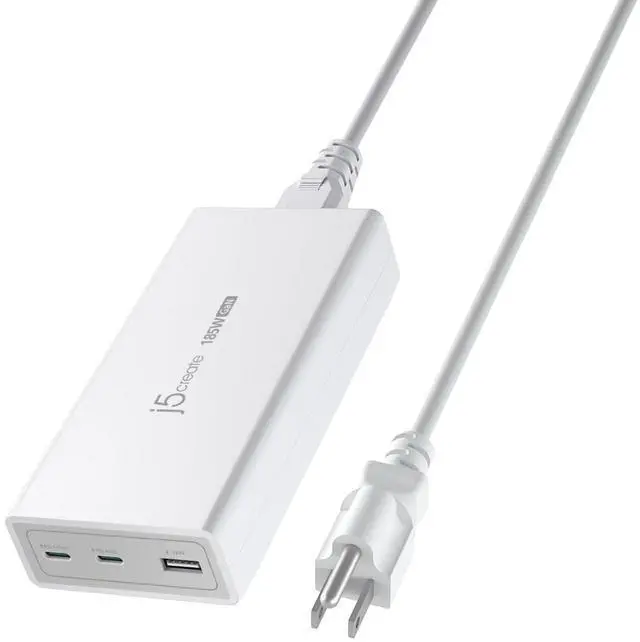 Main image of j5create 185W GaN USB-C/A 3-Port Laptop Super Charger w/Power Delivery 3.1, Supports MacBook Pro MagSafe 140W, Power and Charge Laptops/Tablets/Phones/Game Consoles (JUP37185W)