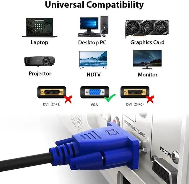 Alt view image 3 of 5 - WORLDWIDETRADERS VGA to VGA Cable (6 Feet 10-Pack) VGA to VGA Monitor Cable 1080P Full HD, Male to Male Cord HD15 for Computer PC Monitor Laptop TV Projector (6FT - 10PK)