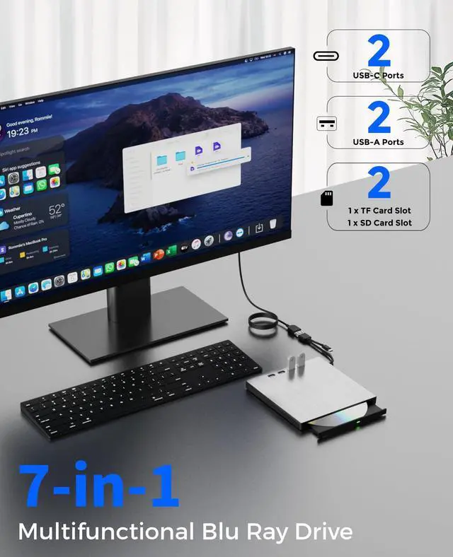 Alt view image 2 of 5 - juwuoi External Blu ray Drive for Laptop Portable Blu Ray Burner USB 3.0 Type-C CD/BD Disc Drives Support 100G Bluray/DVD Drive for PC Compatible with Windows Linux Mac OS