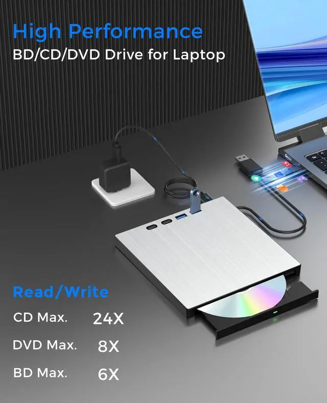 Alt view image 3 of 5 - juwuoi External Blu ray Drive for Laptop Portable Blu Ray Burner USB 3.0 Type-C CD/BD Disc Drives Support 100G Bluray/DVD Drive for PC Compatible with Windows Linux Mac OS