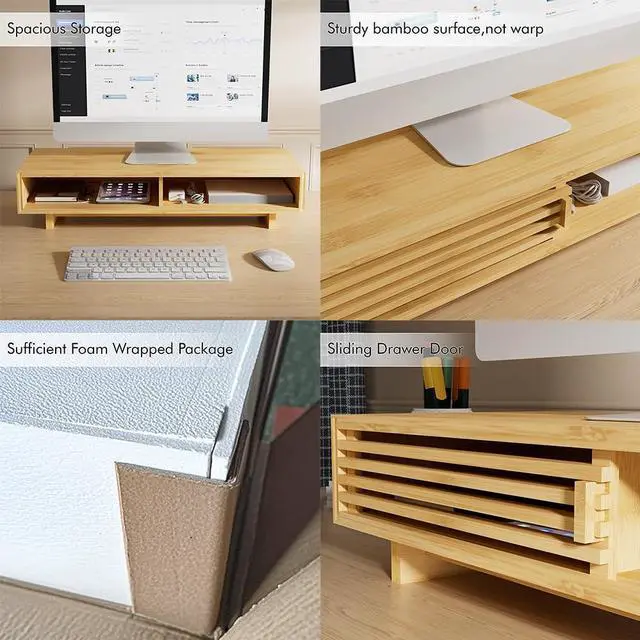 Alt view image 2 of 5 - Zri Bamboo Computer Monitor Stand with Drawer, Dual Laptop Stand for Desk,Single Monitor Riser with Storage,Wood Office Desk Organizer & Accessories