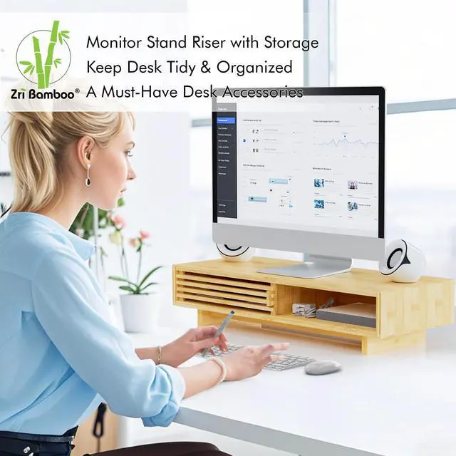 Alt view image 3 of 5 - Zri Bamboo Computer Monitor Stand with Drawer, Dual Laptop Stand for Desk,Single Monitor Riser with Storage,Wood Office Desk Organizer & Accessories