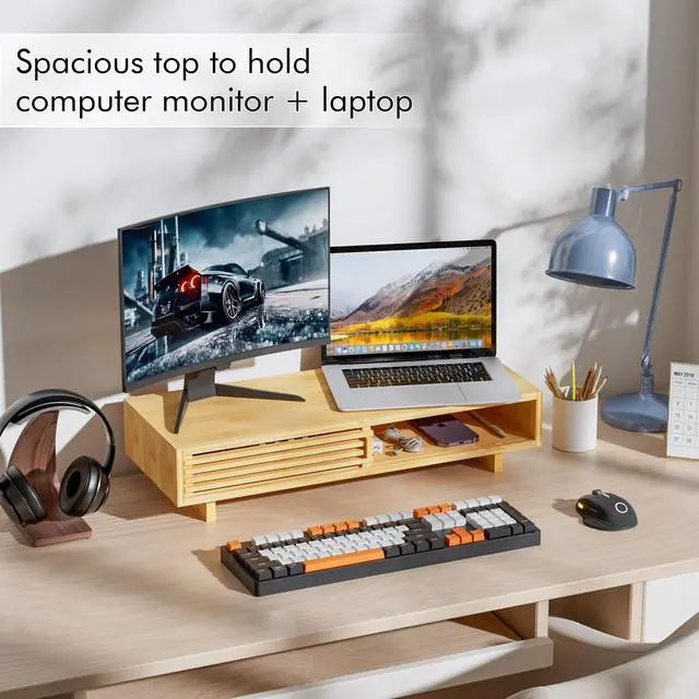 Alt view image 4 of 5 - Zri Bamboo Computer Monitor Stand with Drawer, Dual Laptop Stand for Desk,Single Monitor Riser with Storage,Wood Office Desk Organizer & Accessories