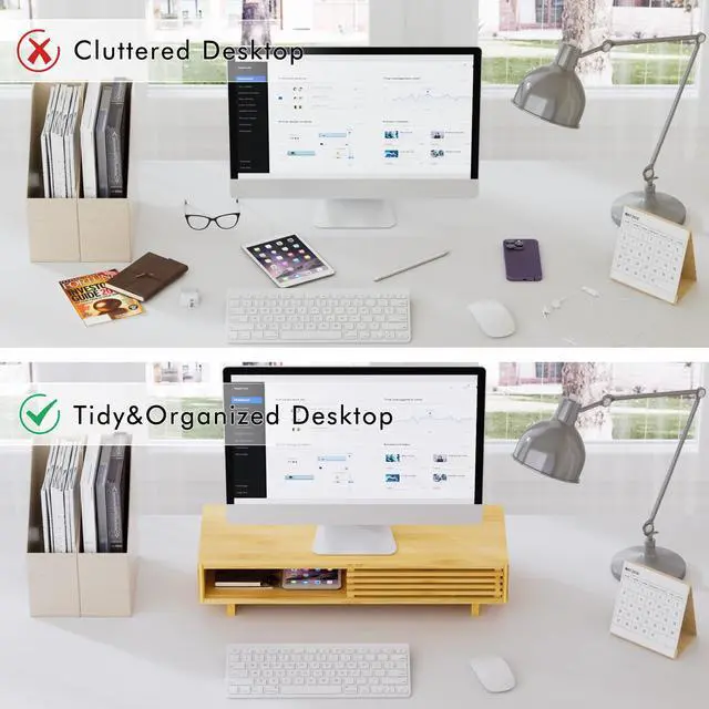 Alt view image 5 of 5 - Zri Bamboo Computer Monitor Stand with Drawer, Dual Laptop Stand for Desk,Single Monitor Riser with Storage,Wood Office Desk Organizer & Accessories