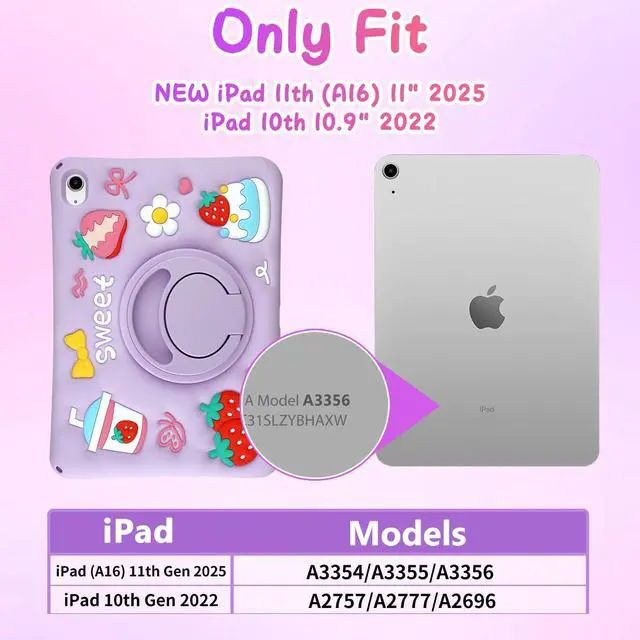 Alt view image 2 of 5 - YEBOLU for iPad 10th Generation Case Kids Girls 10.9 Inch Case for iPad (A16) 11th Generation 11 Inch 2025, Strawberry Soft Silicone Cute Tablet Protection Cover with Strap & Rotating Stand, Purple