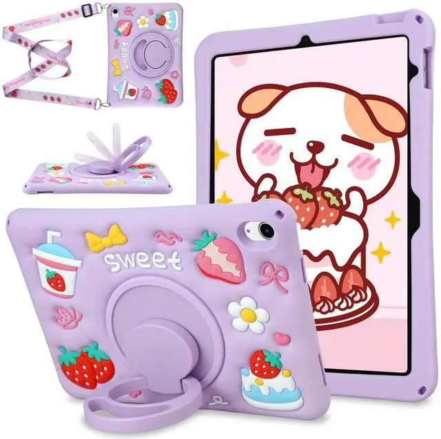 Main image of YEBOLU for iPad 10th Generation Case Kids Girls 10.9 Inch Case for iPad (A16) 11th Generation 11 Inch 2025, Strawberry Soft Silicone Cute Tablet Protection Cover with Strap & Rotating Stand, Purple