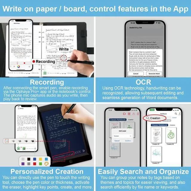 Alt view image 4 of 5 - Ophayapen Digital Smart Pen Notebook and Writing Board Set, Real-time Sync for Digitizing, Convert to Text,Storing, and Sharing Paper Notes, Compatible with Smartphone (Android and iOS)