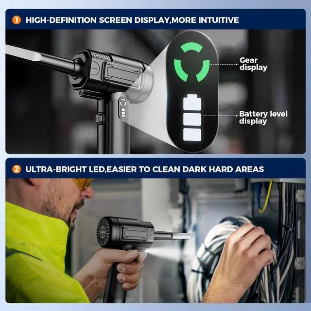 Alt view image 3 of 5 - Compressed Air Duster: 100000RPM Electric Air Duster with LED Light Mini Air Blower Rechargeable Cordless Keyboard Cleaning Jet Dry Blower - Car, PC and Home Cleaning Kit Replaces Compressed Air Can