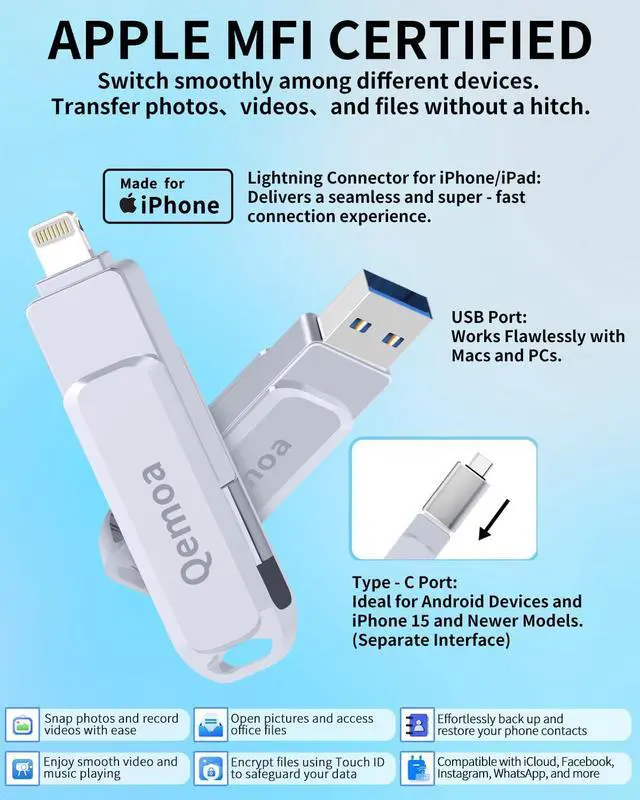 Alt view image 2 of 5 - MFi Certified 256GB Flash Drive Photo Stick for iPhone, External Memory Photo Keeper Storage for Data Saver/Backup/Transfer Files/Picture/Video, Thumb Drive for iPhone/iPad/iOS/Android/PC,Gray