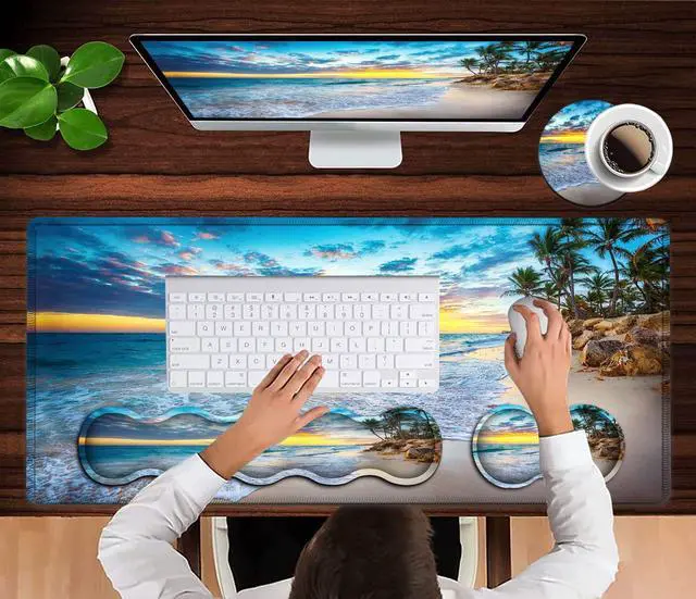 Alt view image 4 of 5 - Gaming Mouse Pad Set, Large Mouse Pad and Ergonomic Memory Foam Keyboard Wrist Rest Support, Easy Typing Pain Relief Writing Mat, Extended Office Desk Mat Beach Mouse Pad