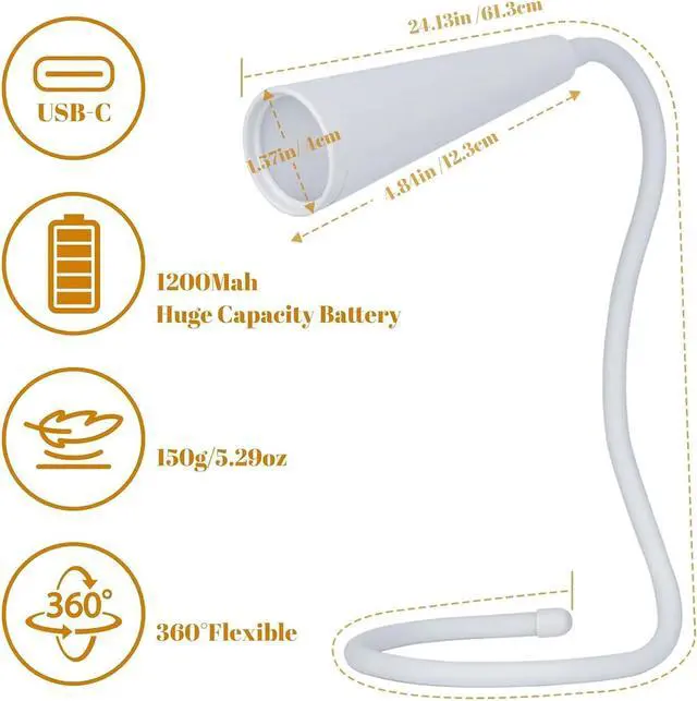 Alt view image 2 of 5 - 4-in-1 Wireless LED Reading Lamp | USB-C Rechargeable, 360° Flexible Gooseneck, Touch Control 3 Colors & Brightness, Portable Desk Light (1200mAh Battery)