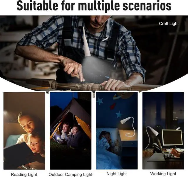 Alt view image 4 of 5 - 4-in-1 Wireless LED Reading Lamp | USB-C Rechargeable, 360° Flexible Gooseneck, Touch Control 3 Colors & Brightness, Portable Desk Light (1200mAh Battery)