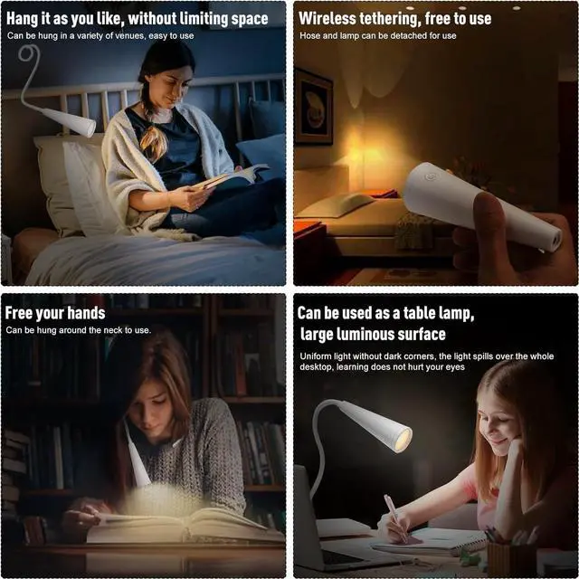 Alt view image 5 of 5 - 4-in-1 Wireless LED Reading Lamp | USB-C Rechargeable, 360° Flexible Gooseneck, Touch Control 3 Colors & Brightness, Portable Desk Light (1200mAh Battery)