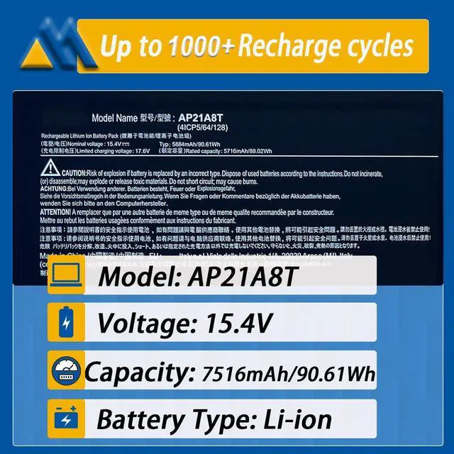 Alt view image 2 of 5 - Mobik 90Wh AP21A8T Laptop Battery for ACER Nitro 5 AN517-55 AN517-55-55AM Predator Helios 18 PH18 300 PH315 PH317 Series AN517-55-55AM PH18-71-72AS PH315-54-760S PH317-55-95XR AP21A7T 15.4V 5845mAh