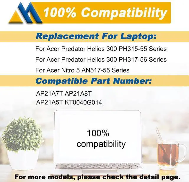 Alt view image 5 of 5 - Mobik 90Wh AP21A8T Laptop Battery for ACER Nitro 5 AN517-55 AN517-55-55AM Predator Helios 18 PH18 300 PH315 PH317 Series AN517-55-55AM PH18-71-72AS PH315-54-760S PH317-55-95XR AP21A7T 15.4V 5845mAh