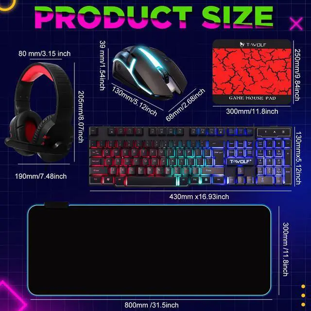 Alt view image 2 of 5 - Vinsot 6 in 1 Gaming Accessories Bundle Includes Keyboard, Mouse, Mouse Pad, Headset, LED XL Mouse Pad, Luminous Headphone Stand Backlight PC Gaming Set for PC Beginner Gamer Gift Favors