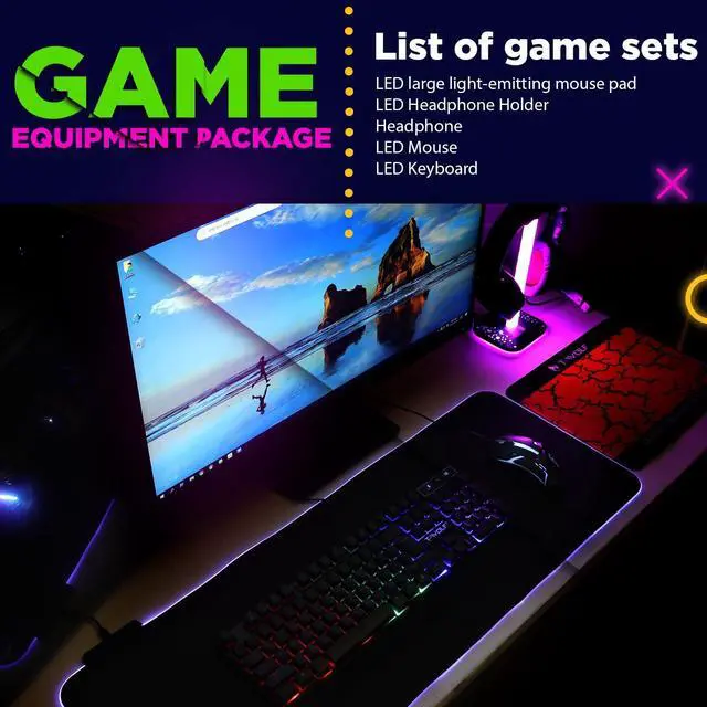 Alt view image 5 of 5 - Vinsot 6 in 1 Gaming Accessories Bundle Includes Keyboard, Mouse, Mouse Pad, Headset, LED XL Mouse Pad, Luminous Headphone Stand Backlight PC Gaming Set for PC Beginner Gamer Gift Favors