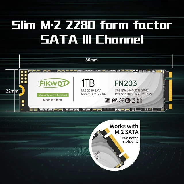 Alt view image 3 of 5 - Fikwot FN203 M.2 SATA SSD - SLC Cache 3D NAND TLC SATA III 6Gb/s M.2 2280 NGFF Internal Solid State Drive, Up to 550MB/s, Compatible with Ultrabooks, Tablet Computers and Mini PCs (1TB)