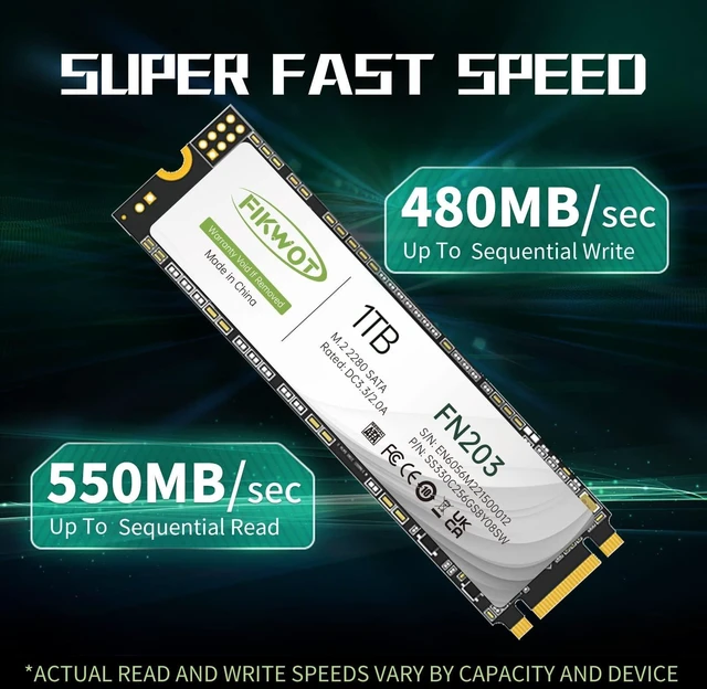 Alt view image 2 of 5 - Fikwot FN203 M.2 SATA SSD - SLC Cache 3D NAND TLC SATA III 6Gb/s M.2 2280 NGFF Internal Solid State Drive, Up to 550MB/s, Compatible with Ultrabooks, Tablet Computers and Mini PCs (1TB)