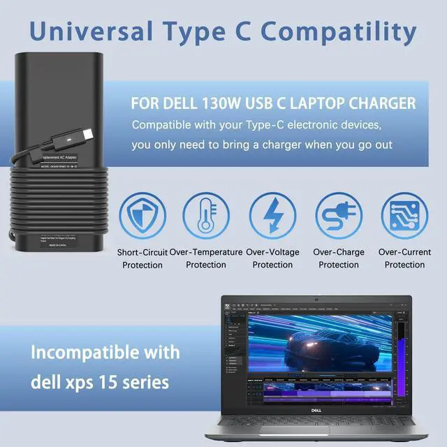Alt view image 5 of 5 - 130W USB C Laptop Charger Compatible with Dell Xps 17,Precision 5550 5530 2in1,XPS 15 2in1 9575Latitude 7410 7310 7210 9410 9510 5420 5520 5510 Power Supply Cord