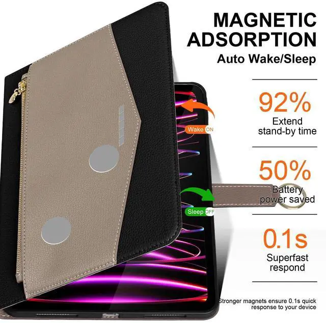 Alt view image 5 of 5 - XFYKJIN for iPad Pro 11 inch Case 2018-2022 Models, Premium Microfiber Leather Protective Cover with Zippered Pocket, Buckle Closure,Auto Wake/Sleep & Stand (Black with Grey)