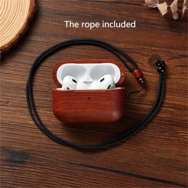 Alt view image 2 of 2 - Handmade Natural Wood Case with Wristlet ^^ Full-Body Protective Wood Case for Apple Airpod with Holes for Lanyard (Walnut, Airpod pro)
